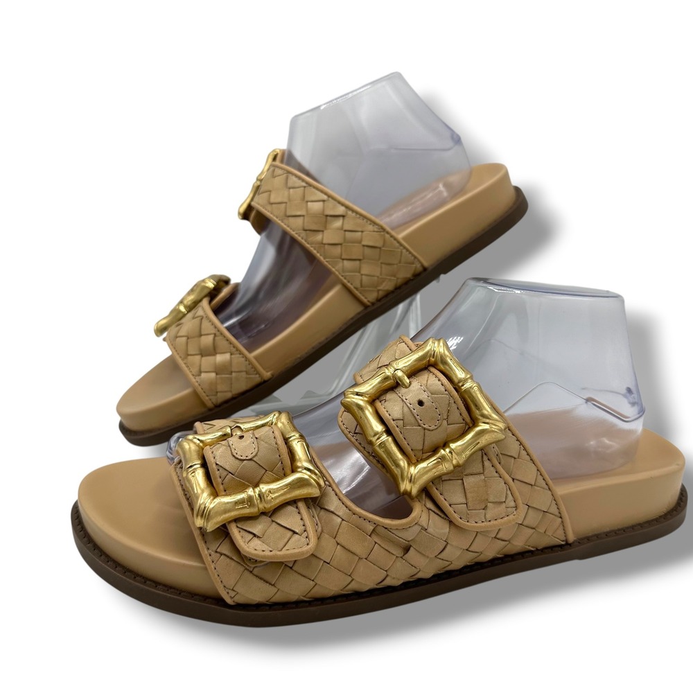 Schutz Atanado Tan Woven Leather Bamboo Buckle Slide Sandals Molded Bed 11B - Picture 1 of 11